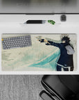 32x16 inches anime mouse pad in cool teal tones, calm confident vibe, soft sketches, and red emblem accent.