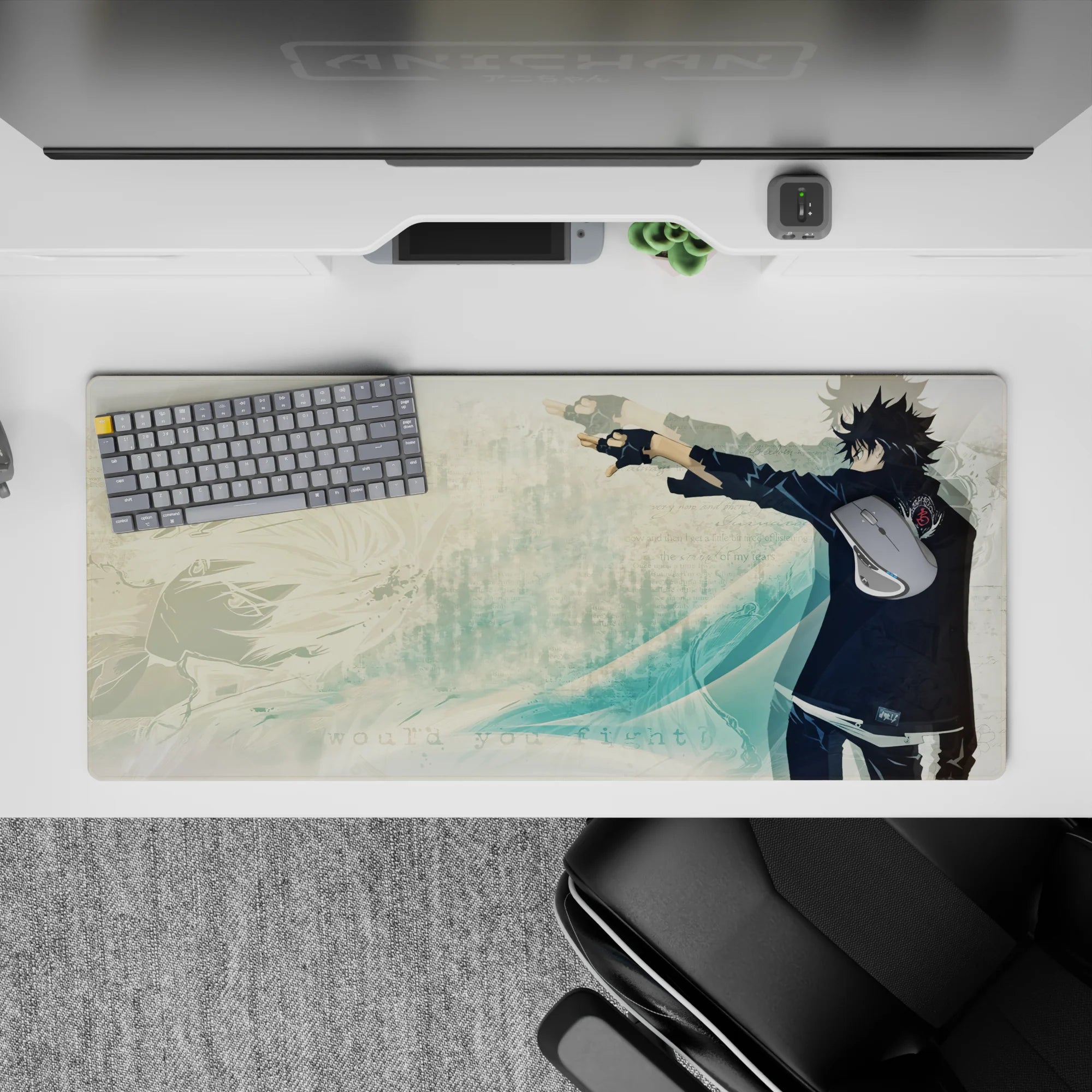 36x16 inches anime desk pad in cool teal tones, calm confident vibe, red sleeve emblem pop, clean layout.