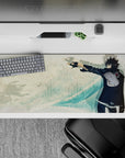 36x16 inches anime desk pad in cool teal tones, calm confident vibe, red sleeve emblem pop, clean layout.