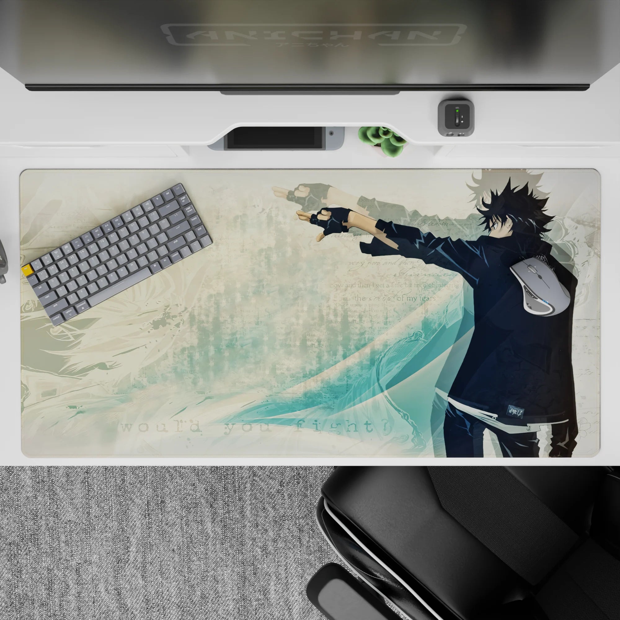 40x20 inches anime desk pad in cool teal tones, calm confident mood, red sleeve emblem accent.