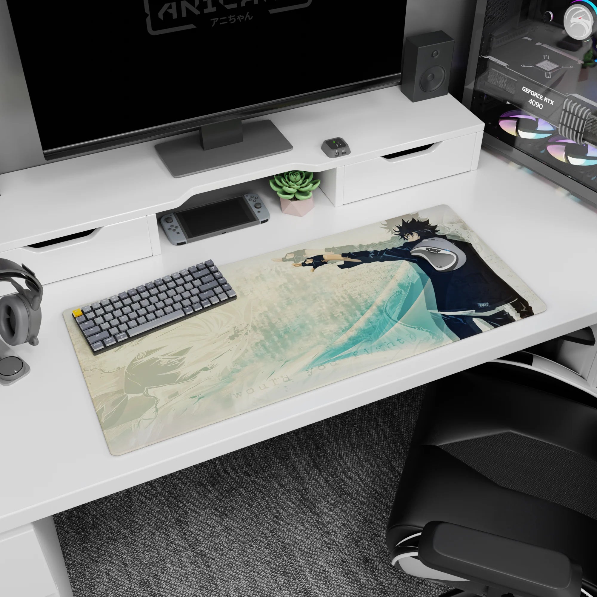 36x16 inches anime desk pad showing spiky-haired fighter pointing forward, black uniform and fingerless gloves.