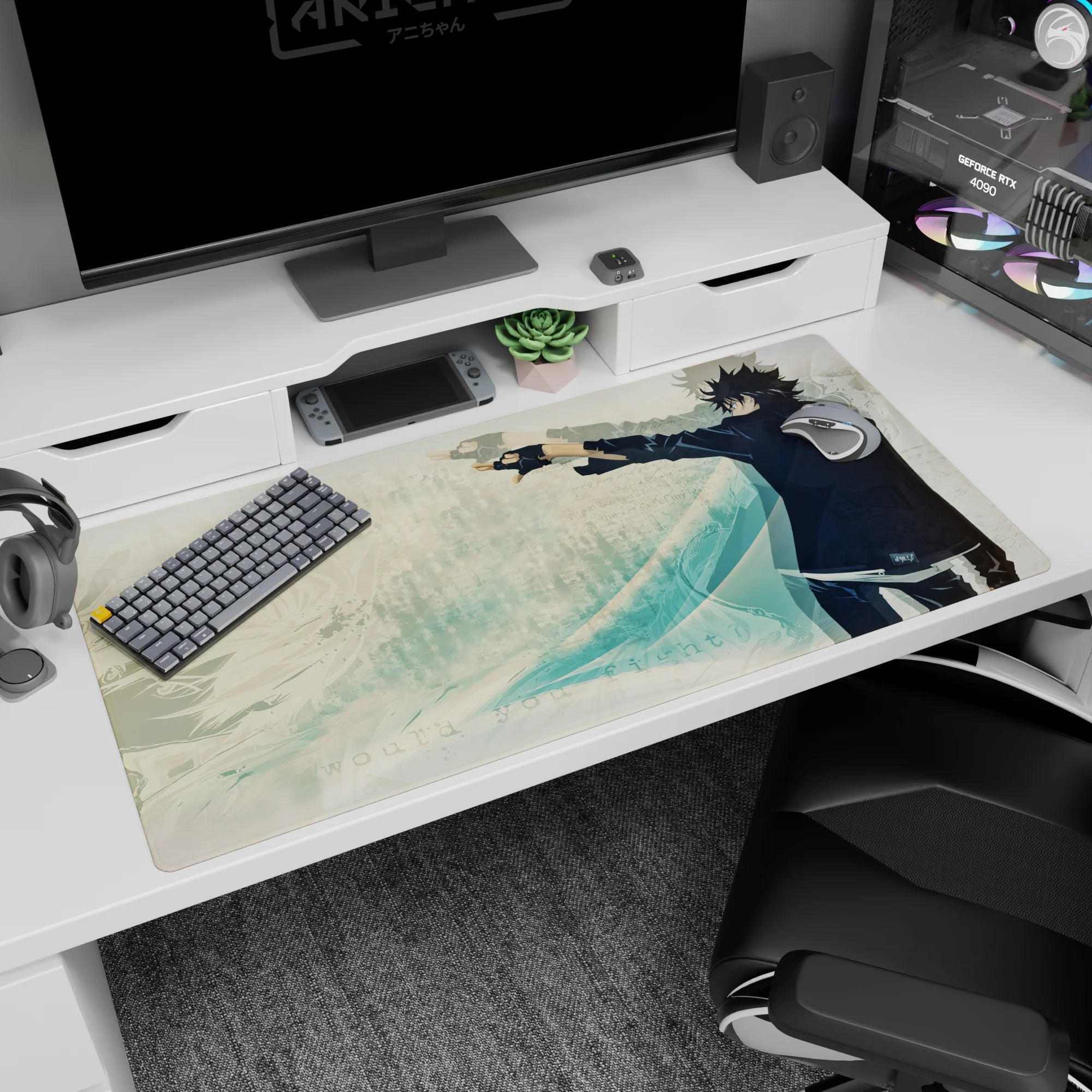 40x20 inches anime desk pad showing spiky-haired fighter pointing forward in fingerless gloves.