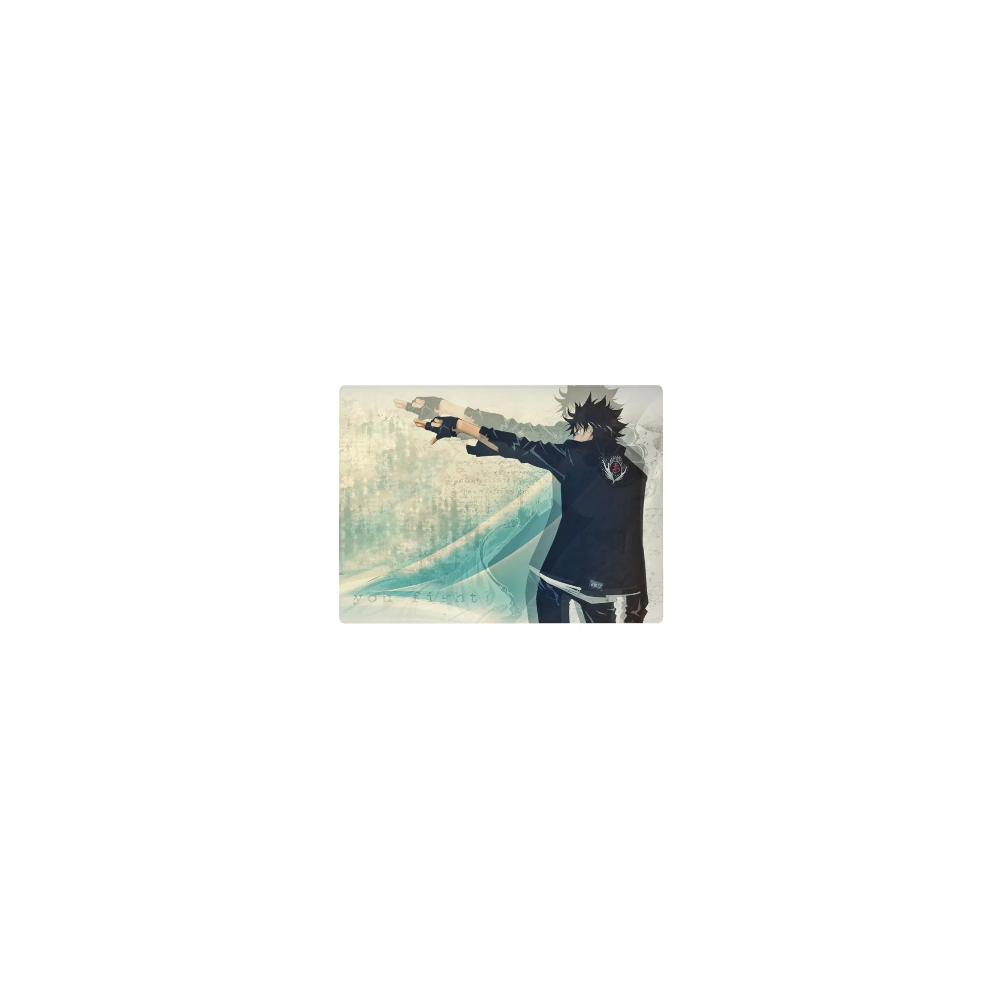 Classic anime mouse pad 14x10 inches with lone fighter in black, teal wave background, red sleeve emblem.