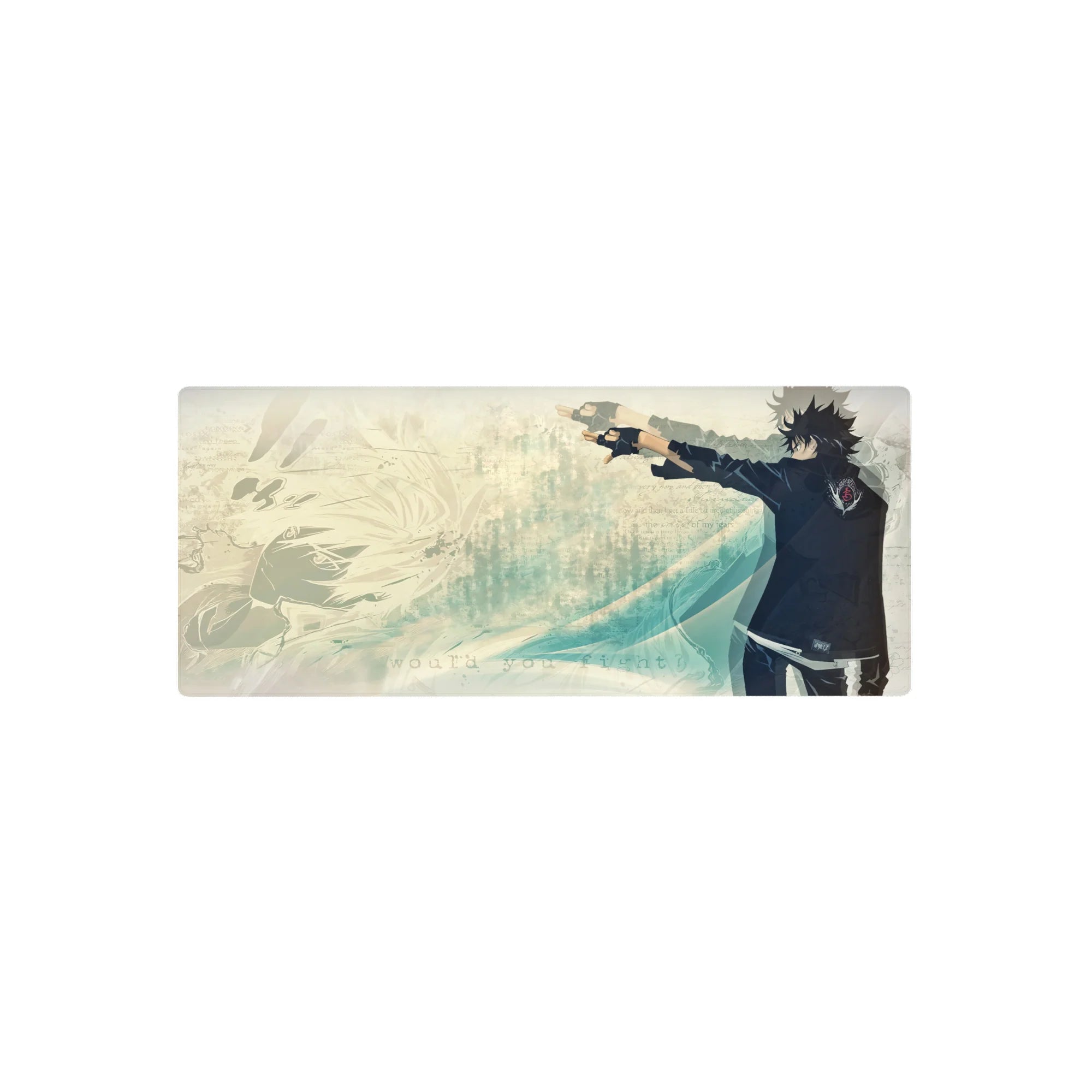 28x12 inches anime mouse pad with lone black-uniform fighter, teal waves, journal textures, clean desk layout.