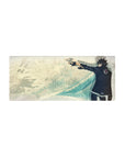 28x12 inches anime mouse pad with lone black-uniform fighter, teal waves, journal textures, clean desk layout.