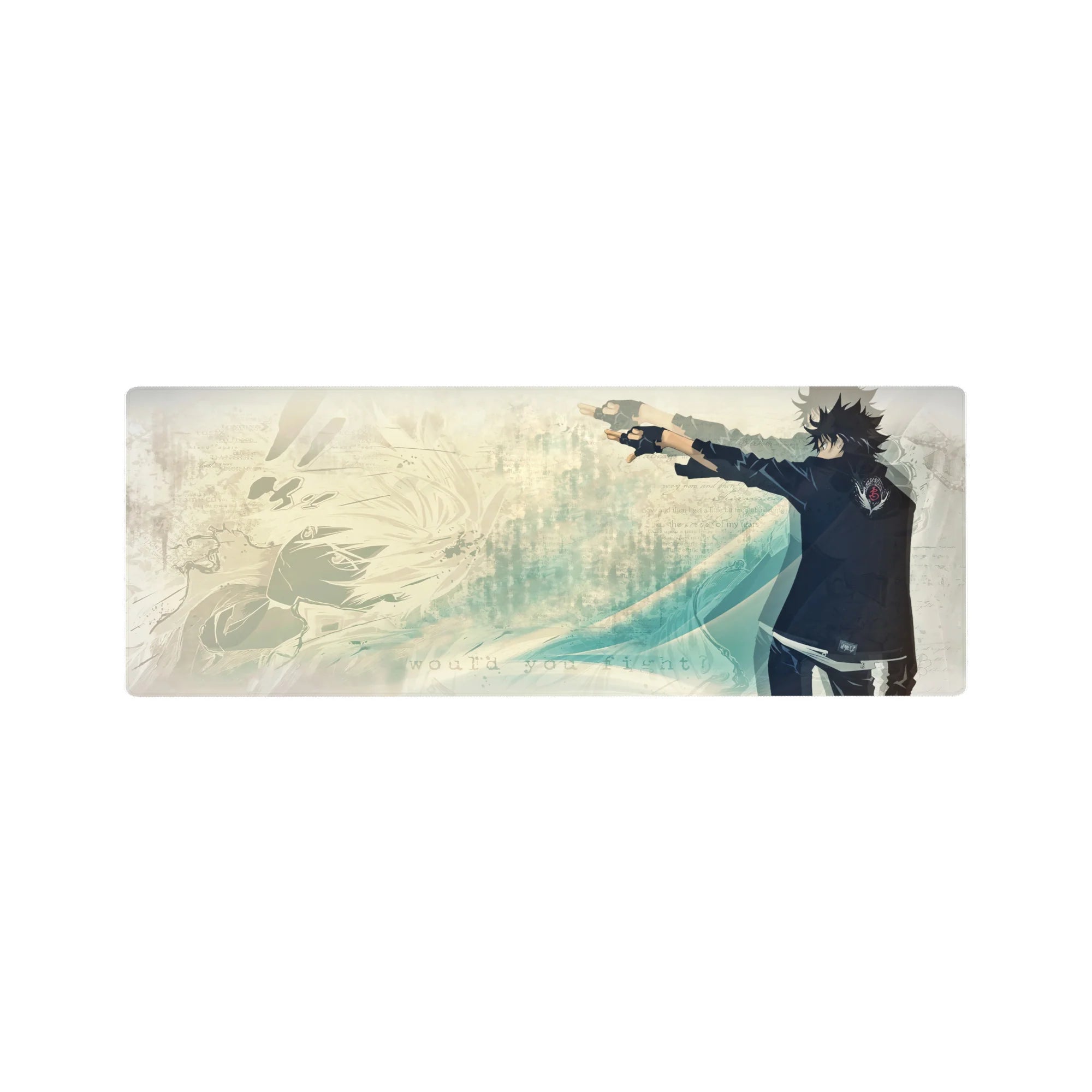 32x12 inches anime mouse pad with lone black-uniform fighter, teal waves, and journal-style sketch textures.