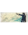 32x12 inches anime mouse pad with lone black-uniform fighter, teal waves, and journal-style sketch textures.