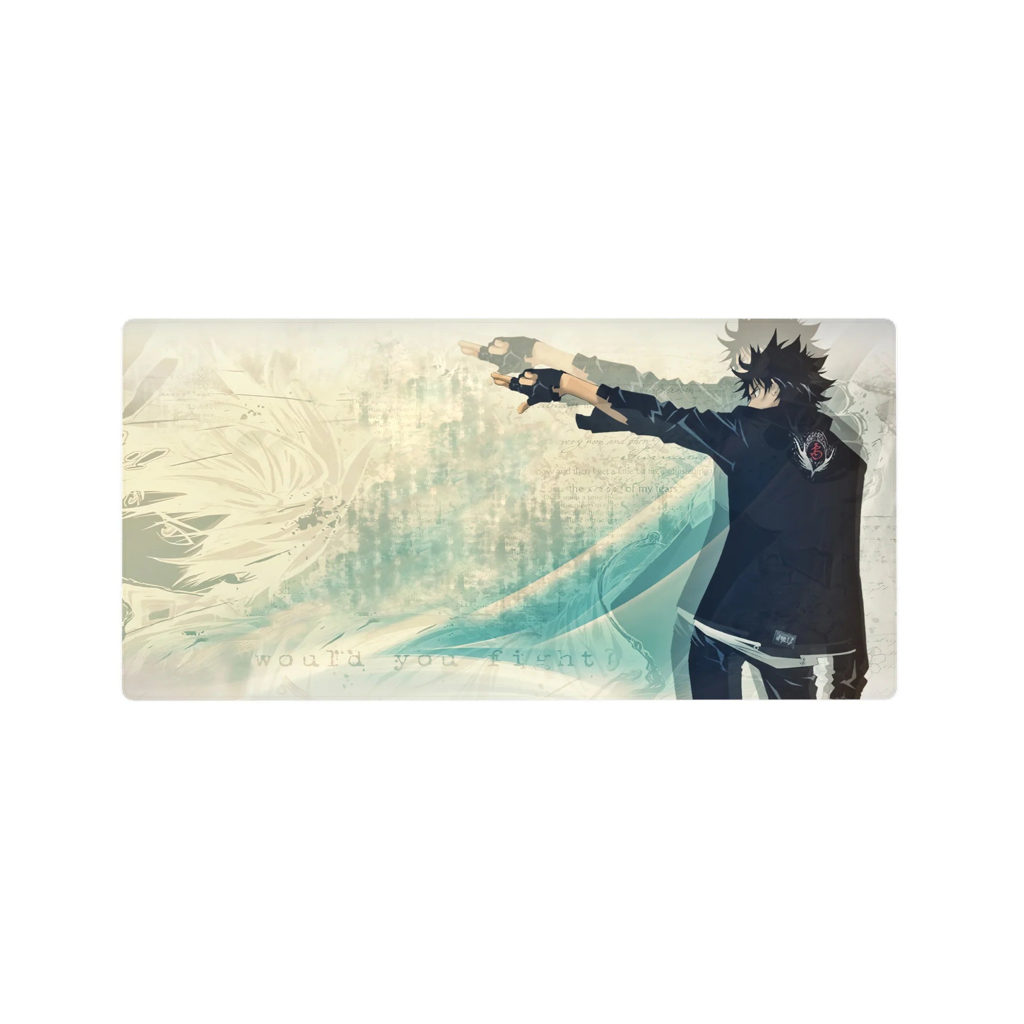 32x16 inches anime mouse pad with lone fighter in black uniform, teal waves, and journal-texture backdrop.