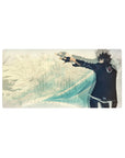 32x16 inches anime mouse pad with lone fighter in black uniform, teal waves, and journal-texture backdrop.