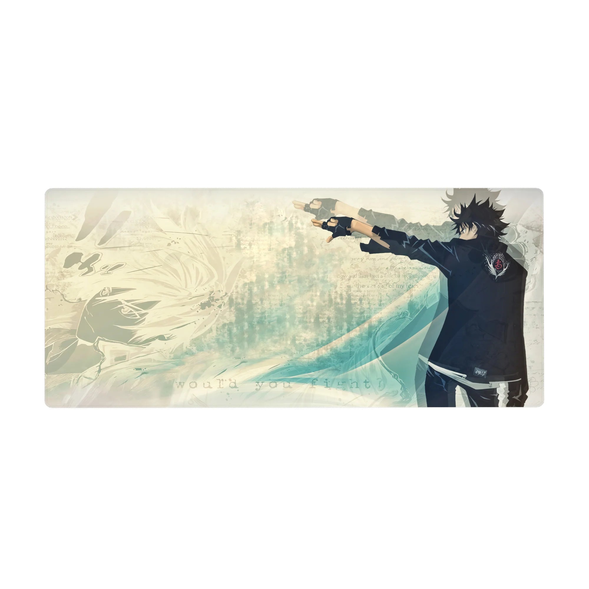 36x16 inches anime desk pad with lone fighter in black uniform, teal wave background, journal sketch texture.