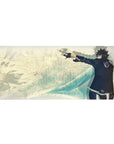 36x16 inches anime desk pad with lone fighter in black uniform, teal wave background, journal sketch texture.