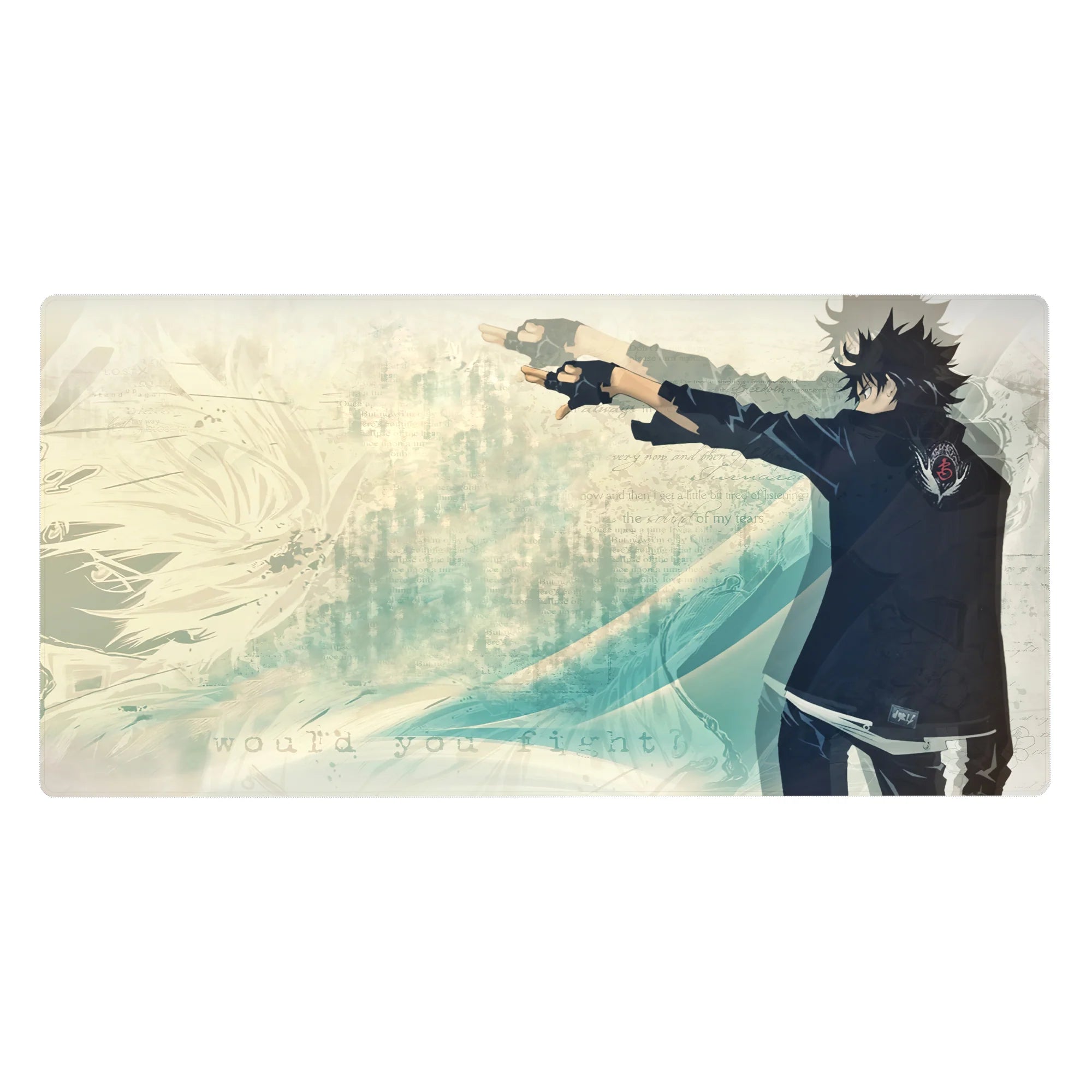 40x20 inches anime desk pad with black-uniform fighter, teal waves backdrop, journal sketch textures.