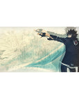 40x20 inches anime desk pad with black-uniform fighter, teal waves backdrop, journal sketch textures.