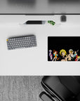 Vibrant anime mouse pad 14x10 inches in orange, teal, red, and violet on sleek black, modern vibe.