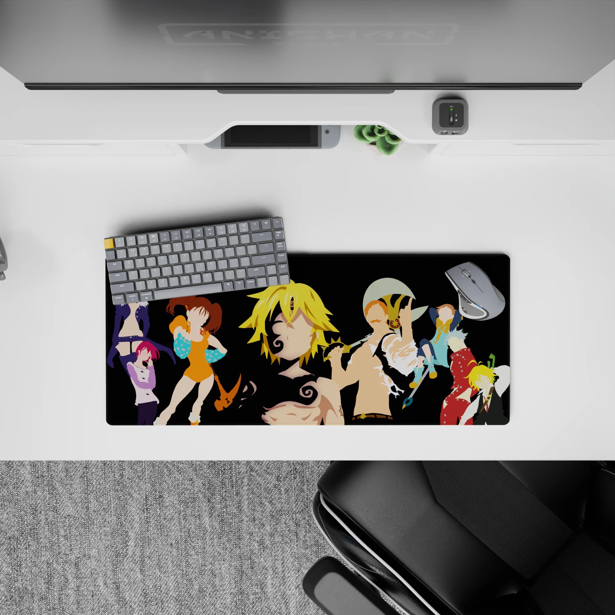 28x12 inches anime mouse pad with vivid orange, teal, red, and violet on a sleek dark, modern design.