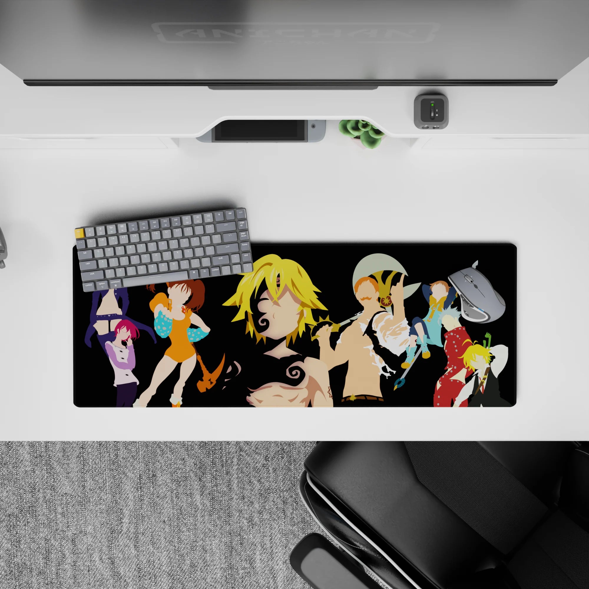 32x12 inches anime mouse pad with black base and bright orange, teal, red, and violet accents, clean modern vibe.