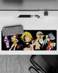 32x12 inches anime mouse pad with black base and bright orange, teal, red, and violet accents, clean modern vibe.