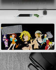 32x16 inches anime mouse pad with orange, teal, red, and violet outfits on a sleek dark background.