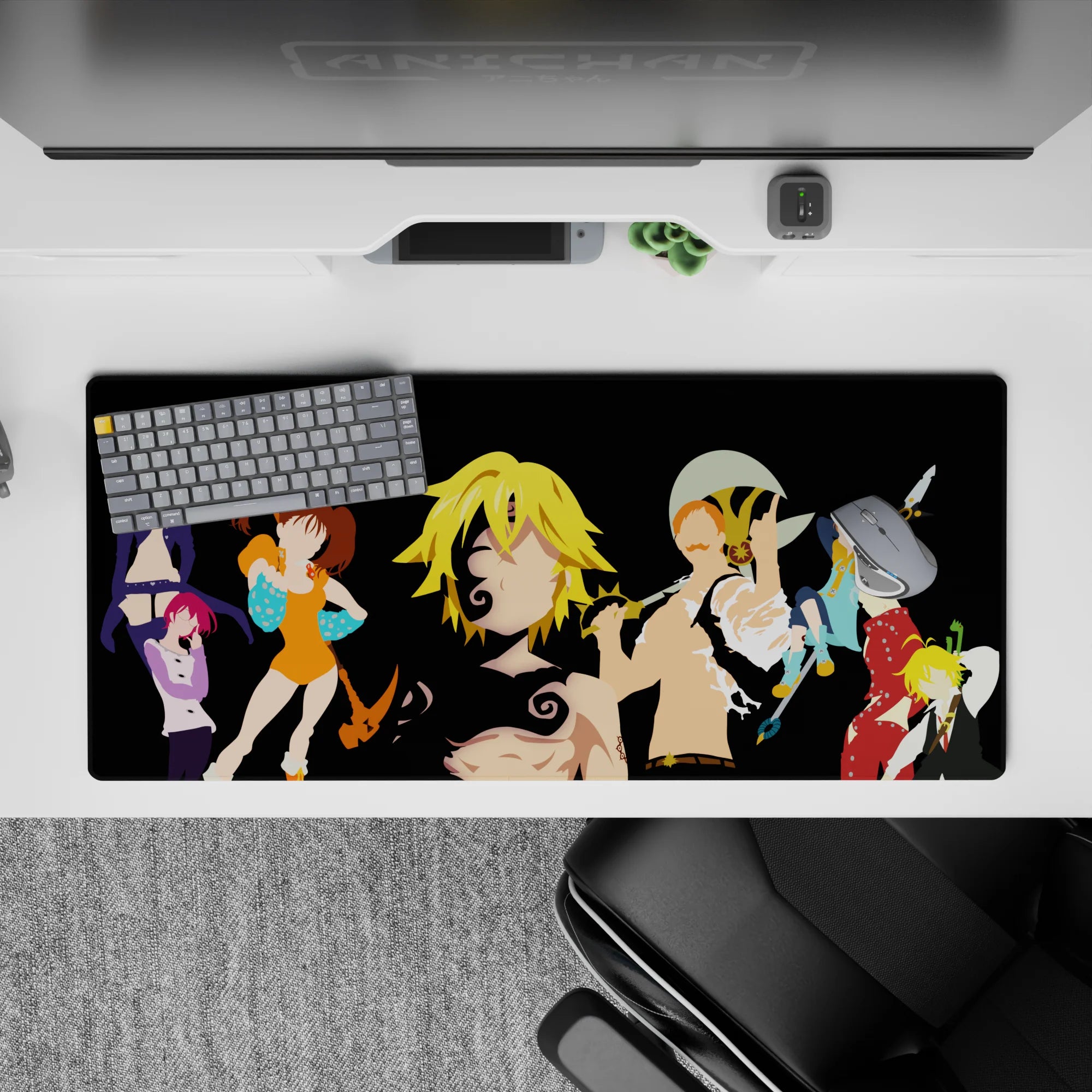 36x16 inches anime desk pad with sleek dark style, minimal shading, and orange, teal, red, violet contrast.