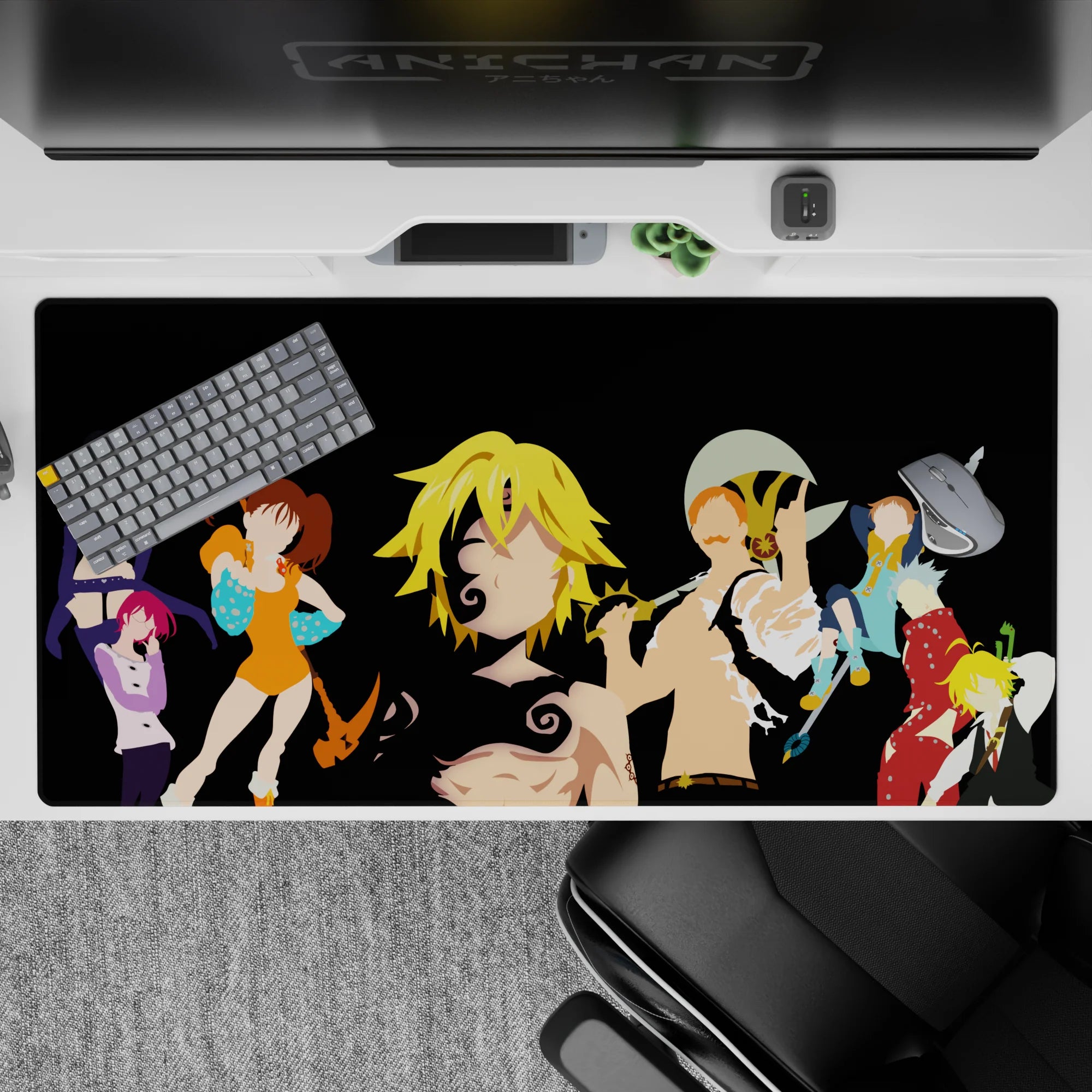 40x20 inches anime desk pad in orange, teal, red, and violet on sleek black, energetic modern vibe.