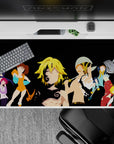 40x20 inches anime desk pad in orange, teal, red, and violet on sleek black, energetic modern vibe.