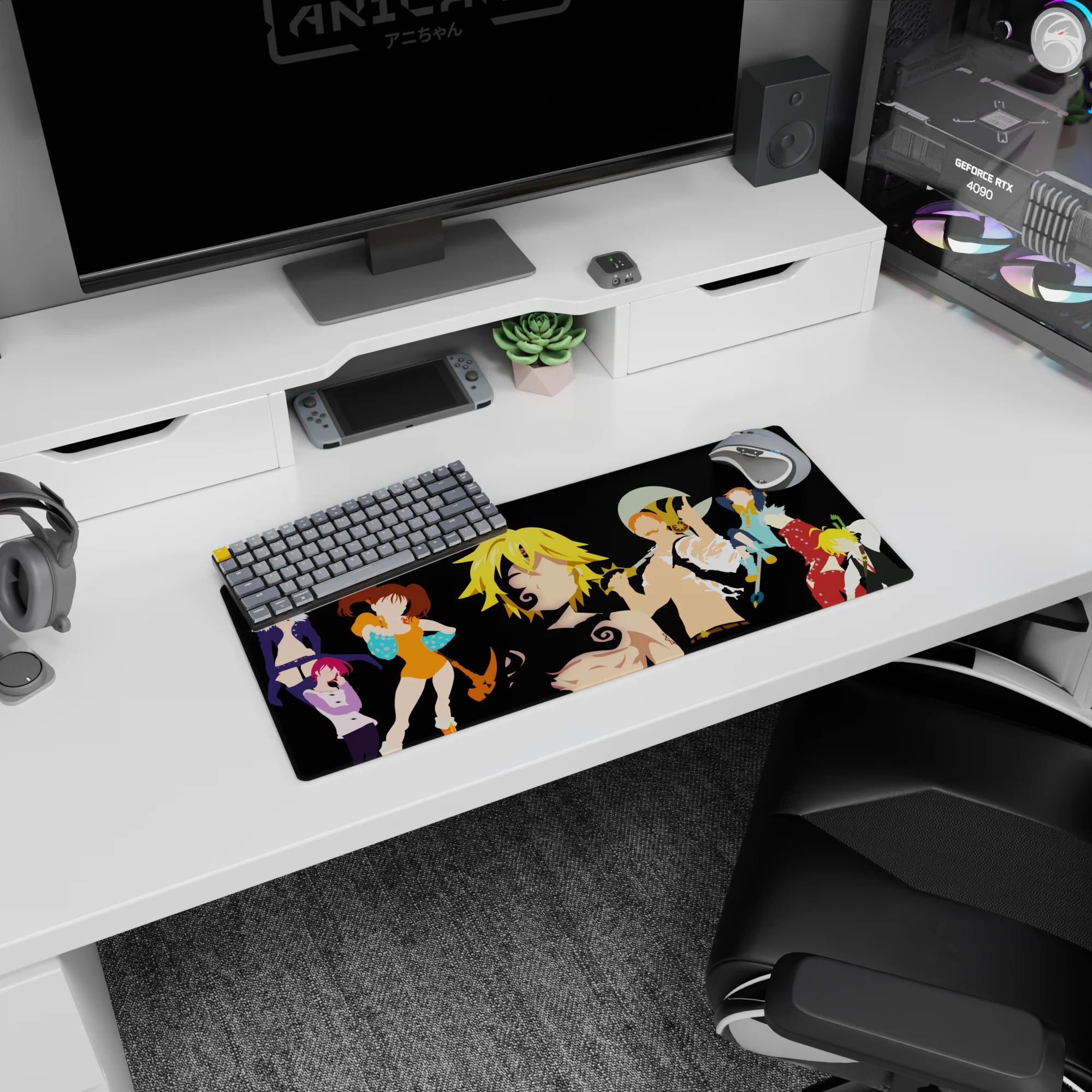 28x12 inches anime mouse pad featuring a spiky blond hero with swirling tattoo marks and crisp weapon silhouettes.