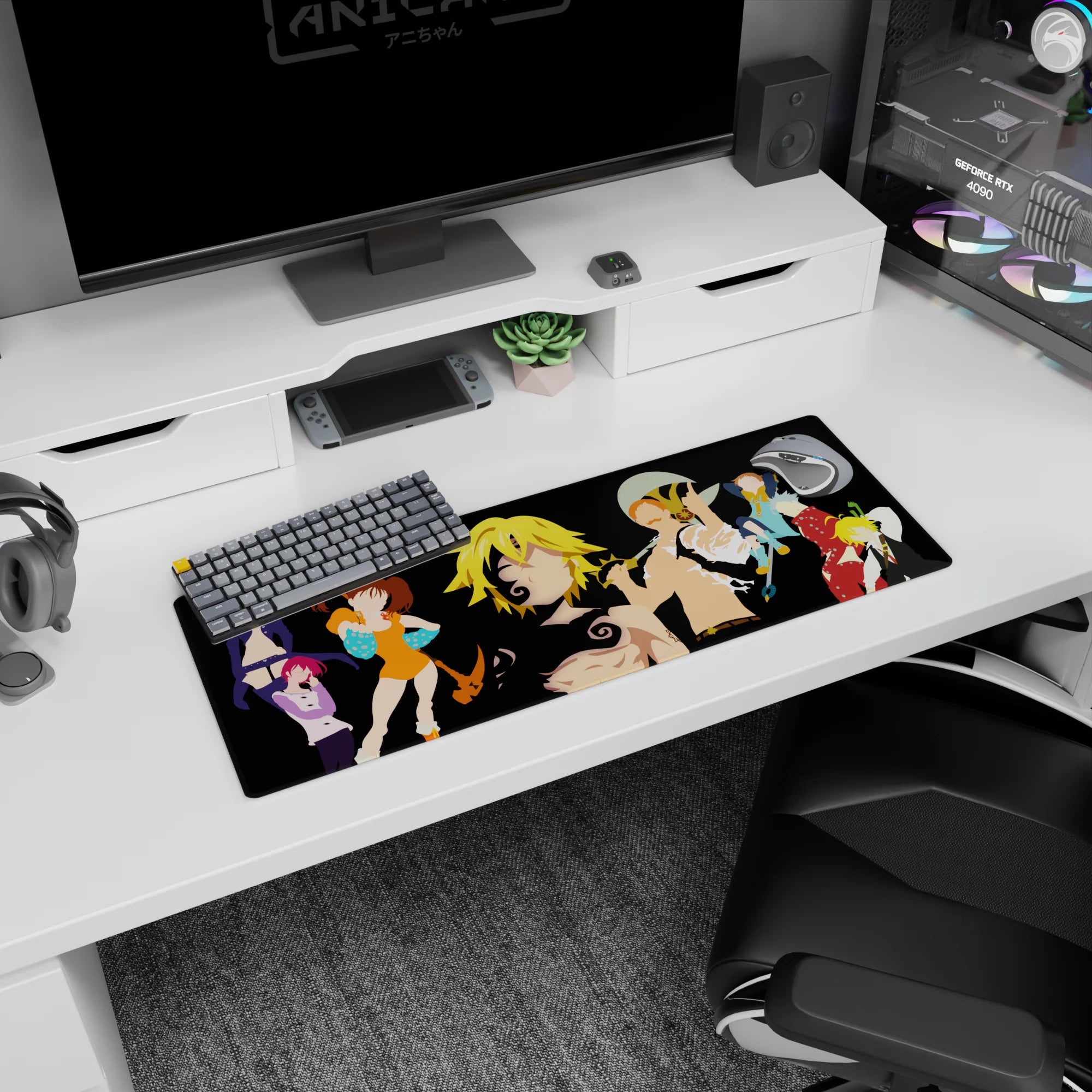 32x12 inches anime mouse pad featuring spiky blond hero with swirling tattoo marks and crisp weapon silhouettes.