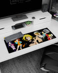 32x12 inches anime mouse pad featuring spiky blond hero with swirling tattoo marks and crisp weapon silhouettes.