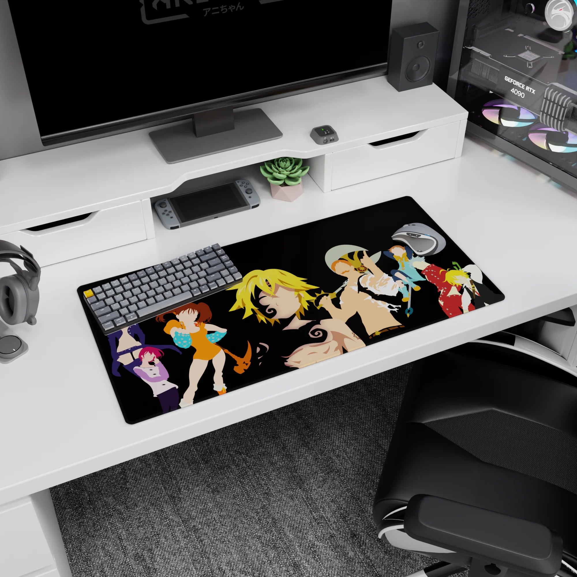 32x16 inches anime mouse pad featuring spiky blond hero with swirling tattoo marks and weapon silhouettes.