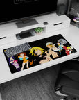 32x16 inches anime mouse pad featuring spiky blond hero with swirling tattoo marks and weapon silhouettes.