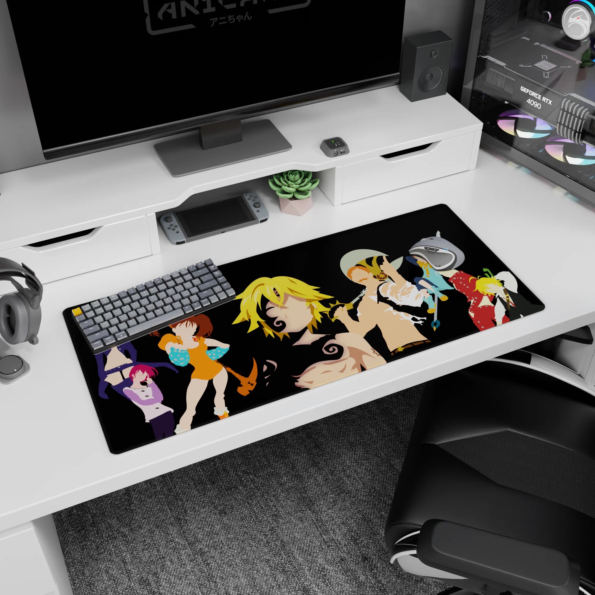 36x16 inches anime desk pad featuring spiky blond hero and swirling tattoo marks with a crew lineup on black.