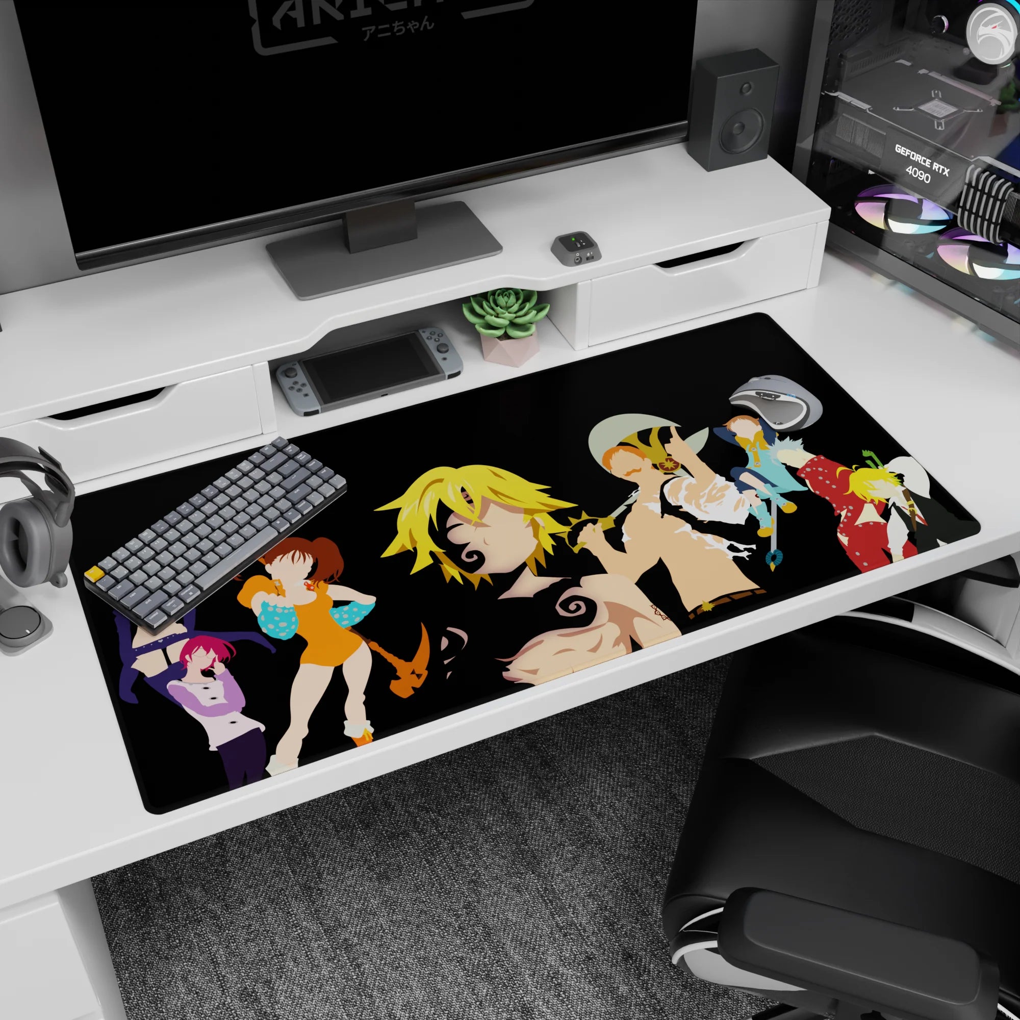 40x20 inches anime desk pad featuring spiky blond hero and swirling tattoo marks with crisp weapons.