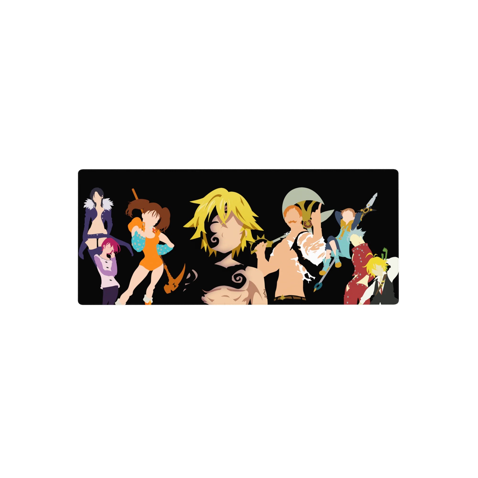 28x12 inches anime mouse pad with black backdrop and hero lineup in bold silhouettes, fight-ready poses.