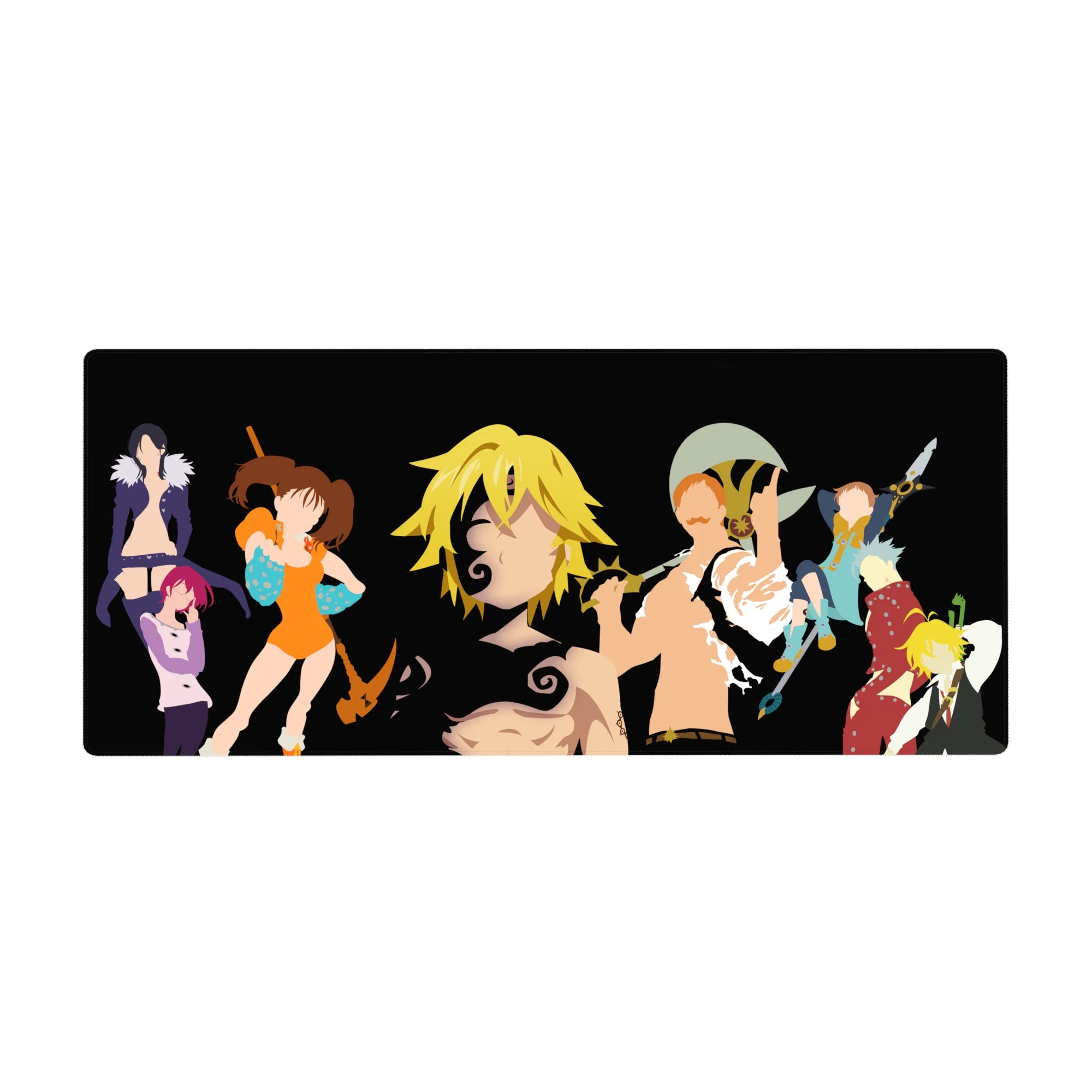 36x16 inches anime desk pad with black backdrop, bold hero silhouettes, and crisp weapons in fight-ready poses.