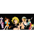 36x16 inches anime desk pad with black backdrop, bold hero silhouettes, and crisp weapons in fight-ready poses.