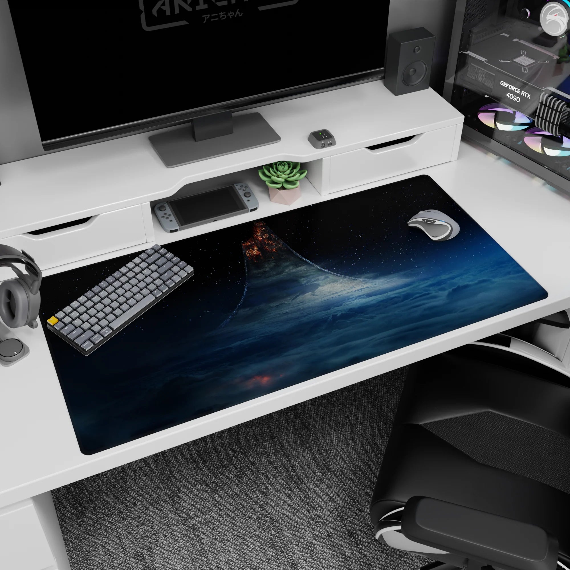 Sci-fi scene desk pad 40x20 inches featuring a ring tower rising above dark blue clouds under stars.