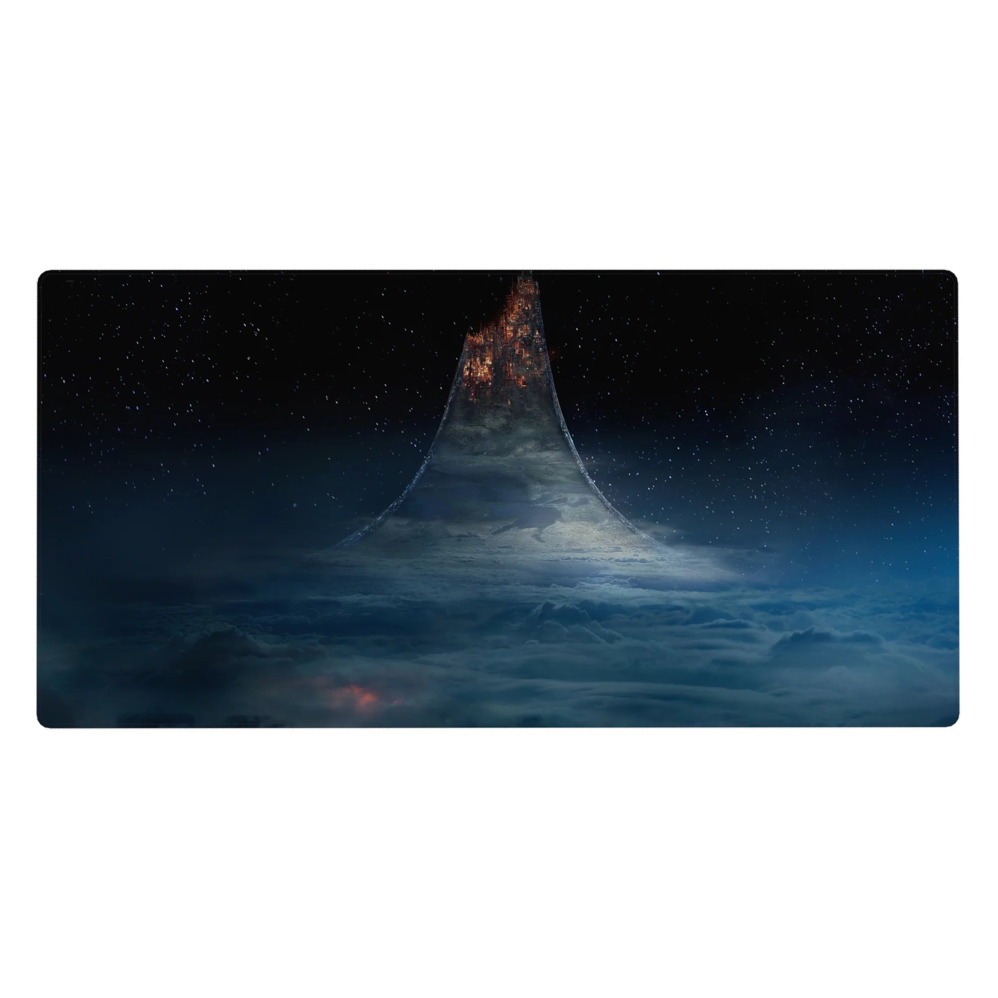Midnight sky desk pad 40x20 inches with starry clouds and a sleek ring-like tower design.