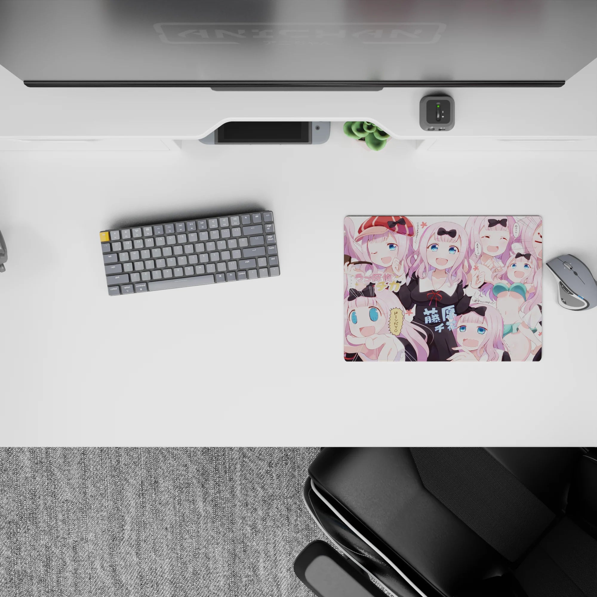 Pastel pink anime girl mouse pad 14x10 inches with playful chaos vibe, black ribbons, bright blue eyes.