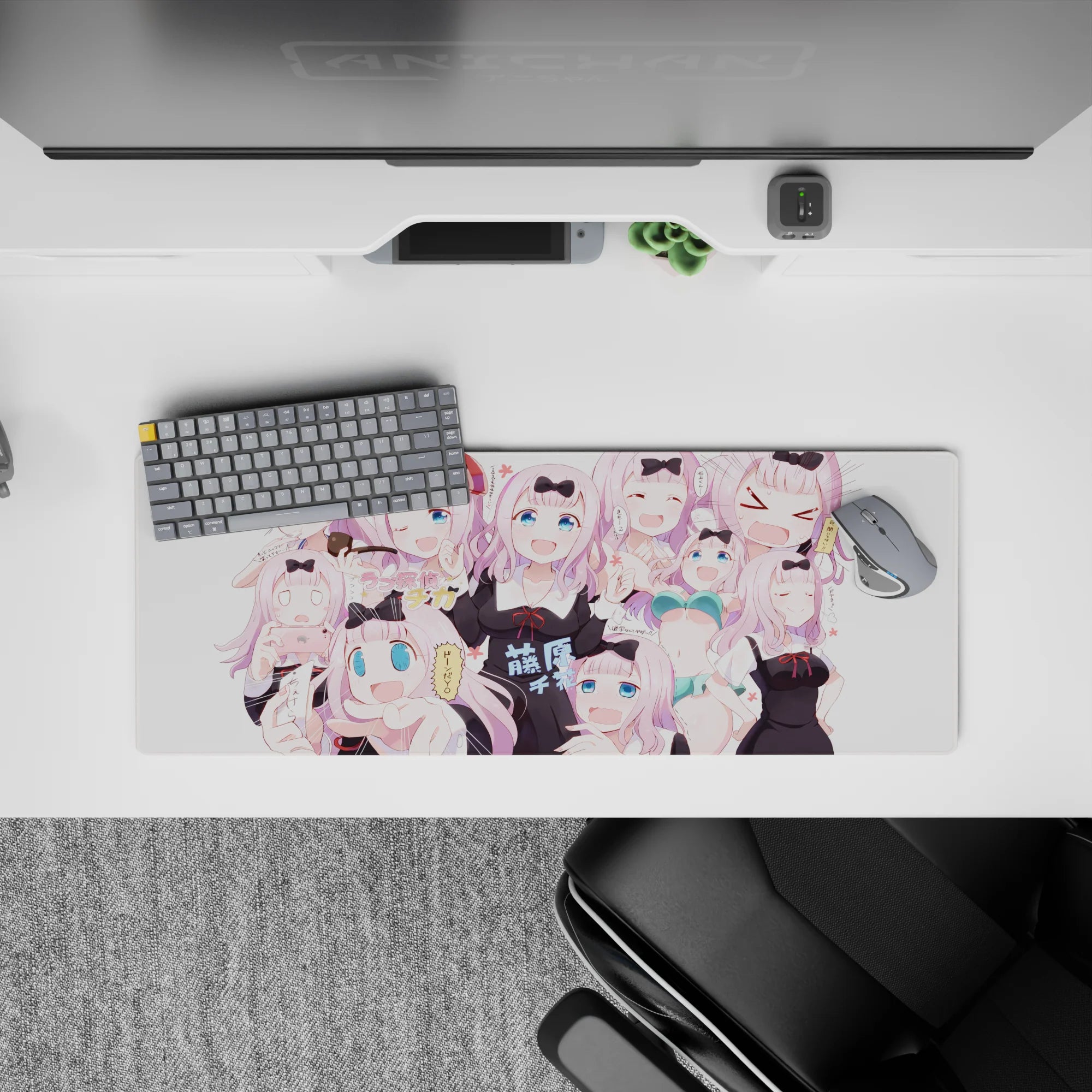 32x12 inches pastel pink desk mouse pad, cute chaotic mood with crisp black bows and playful vibe.