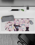 32x12 inches pastel pink desk mouse pad, cute chaotic mood with crisp black bows and playful vibe.
