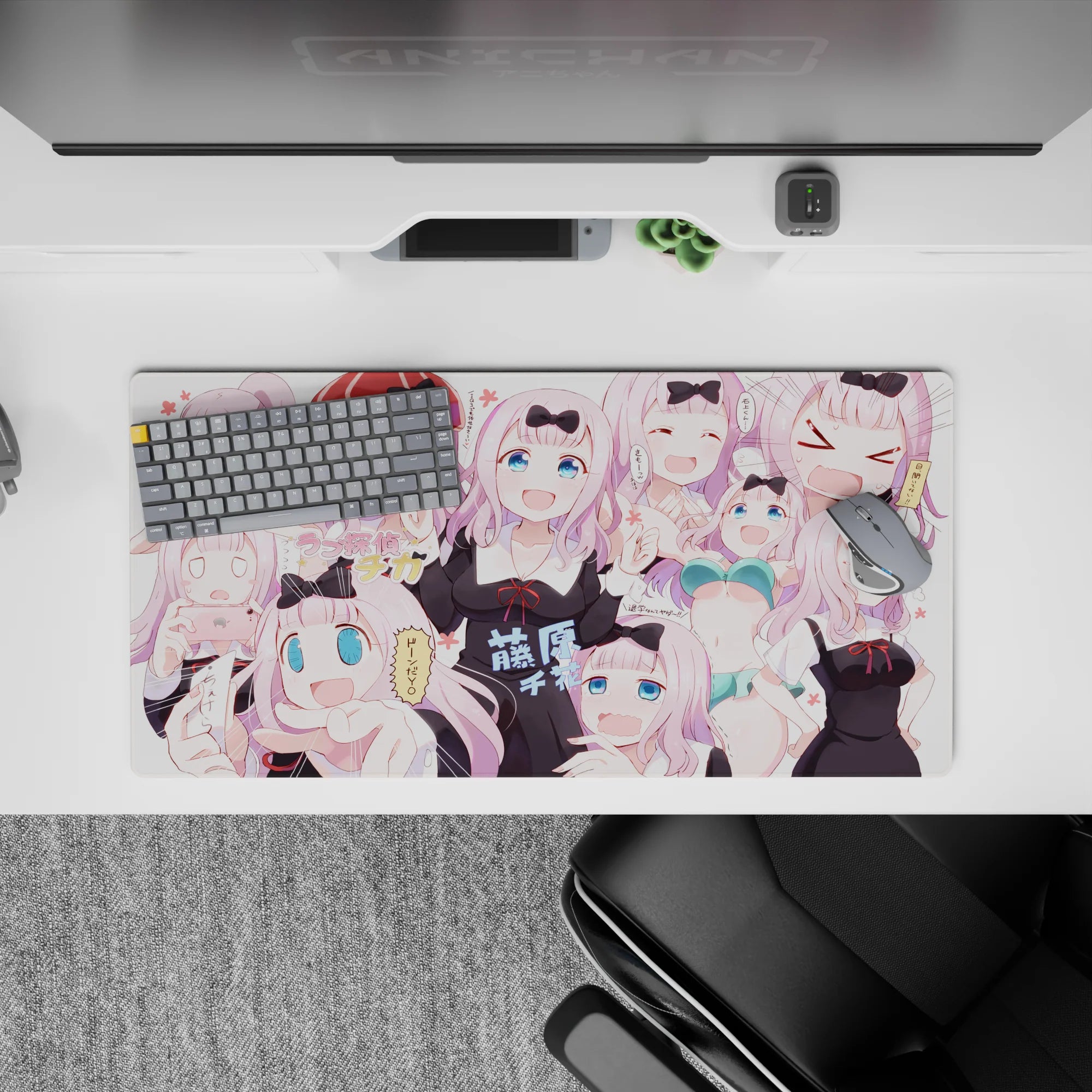 32x16 inches pink pastel anime desk mouse pad with crisp black ribbons, bright blue eyes, cute chaos vibe.