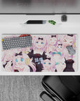 32x16 inches pink pastel anime desk mouse pad with crisp black ribbons, bright blue eyes, cute chaos vibe.