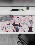 36x16 inches pastel pink anime desk pad, playful Kaguya-sama vibe with bright blue eyes and cute chaos mood.