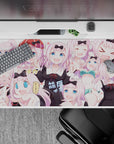 40x20 inches pastel pink desk pad with crisp black ribbons and bright blue eyes, cute chaotic vibe.