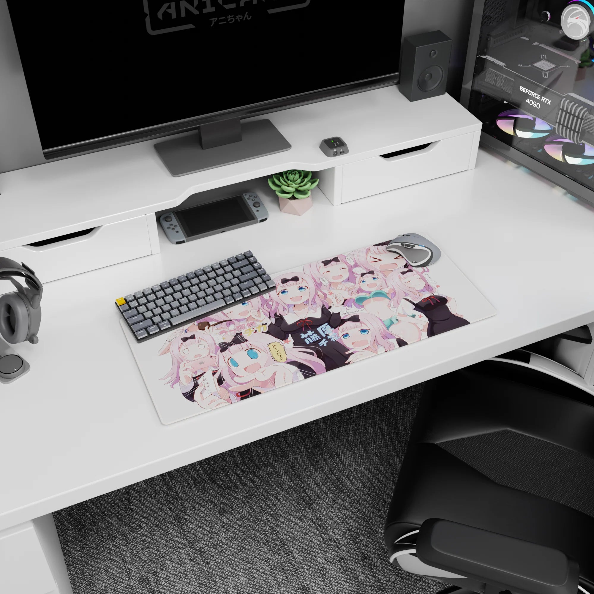 28x12 inches Chika Fujiwara mouse pad from Kaguya-sama: Love Is War, smug to shocked faces collage.