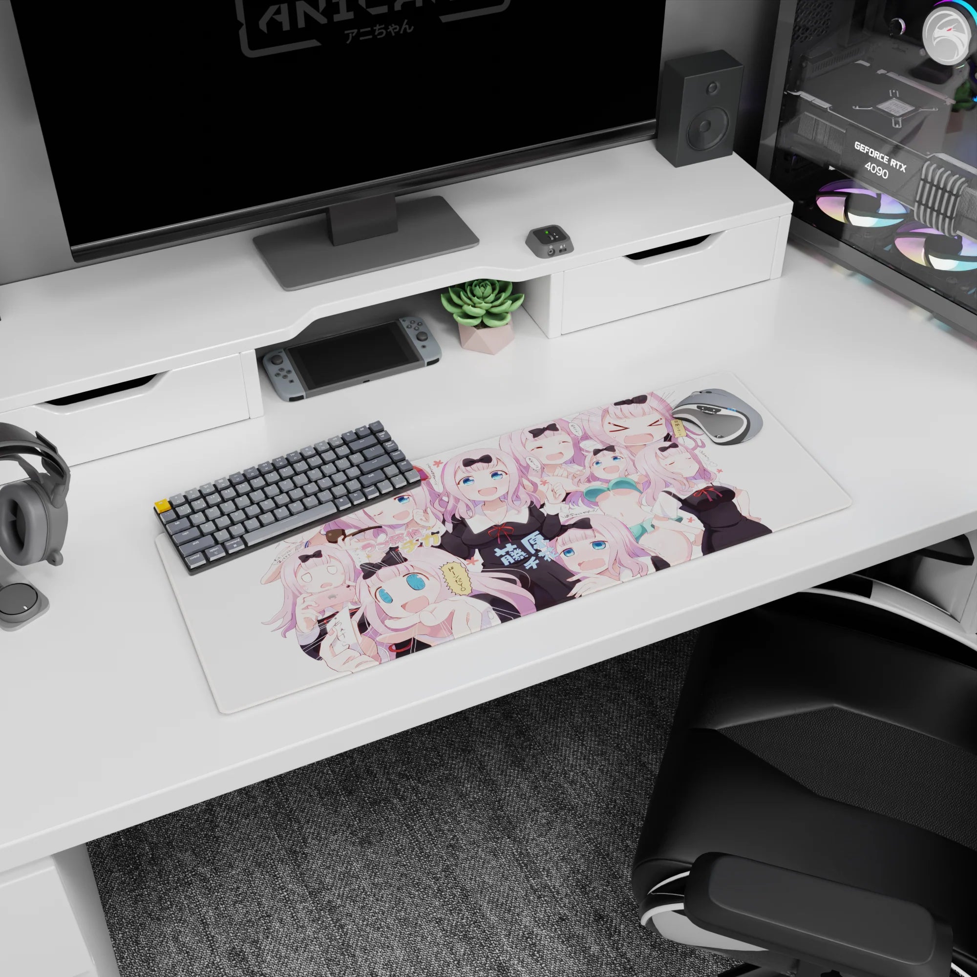 32x12 inches Chika Fujiwara Kaguya-sama mouse pad collage with smug, shocked, and snack-hunting faces.