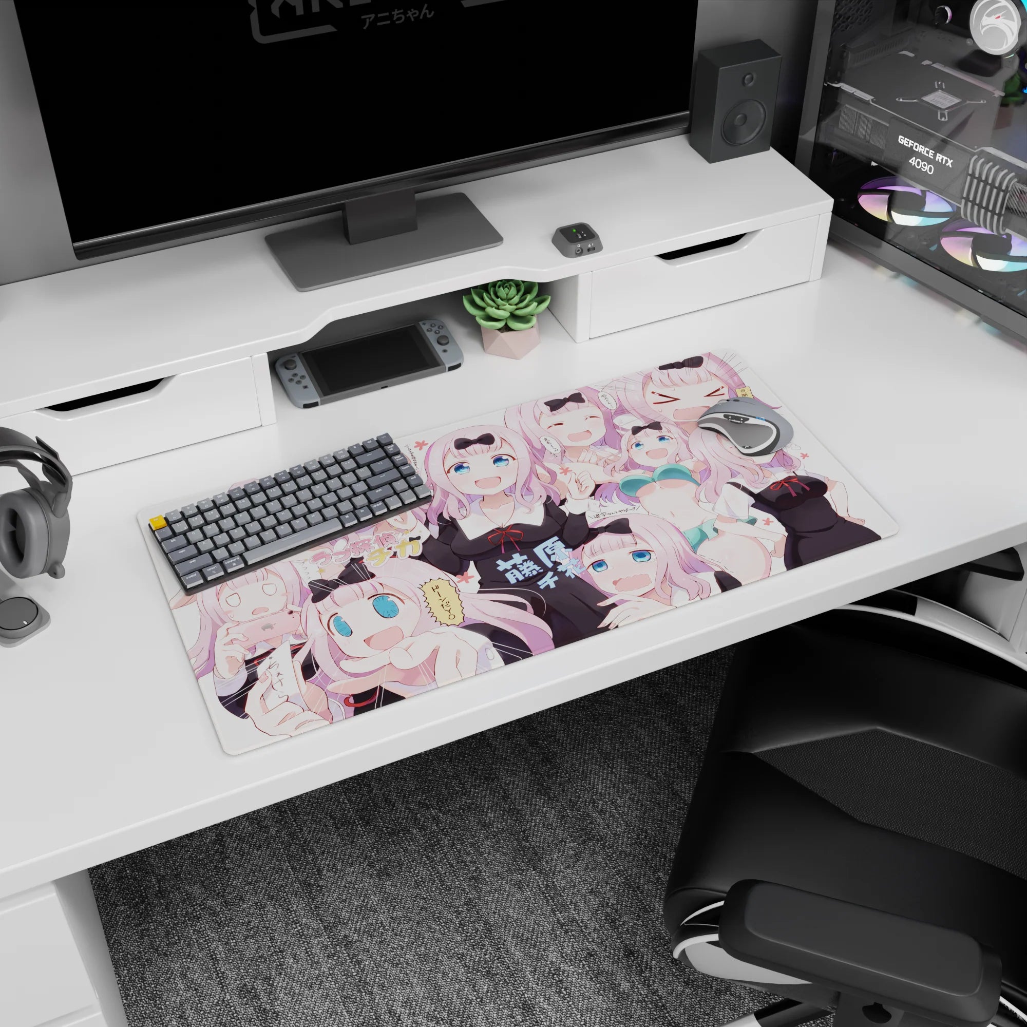 32x16 inches Chika Fujiwara mouse pad from Kaguya-sama: Love Is War, smug-to-shocked snack hunt scene.