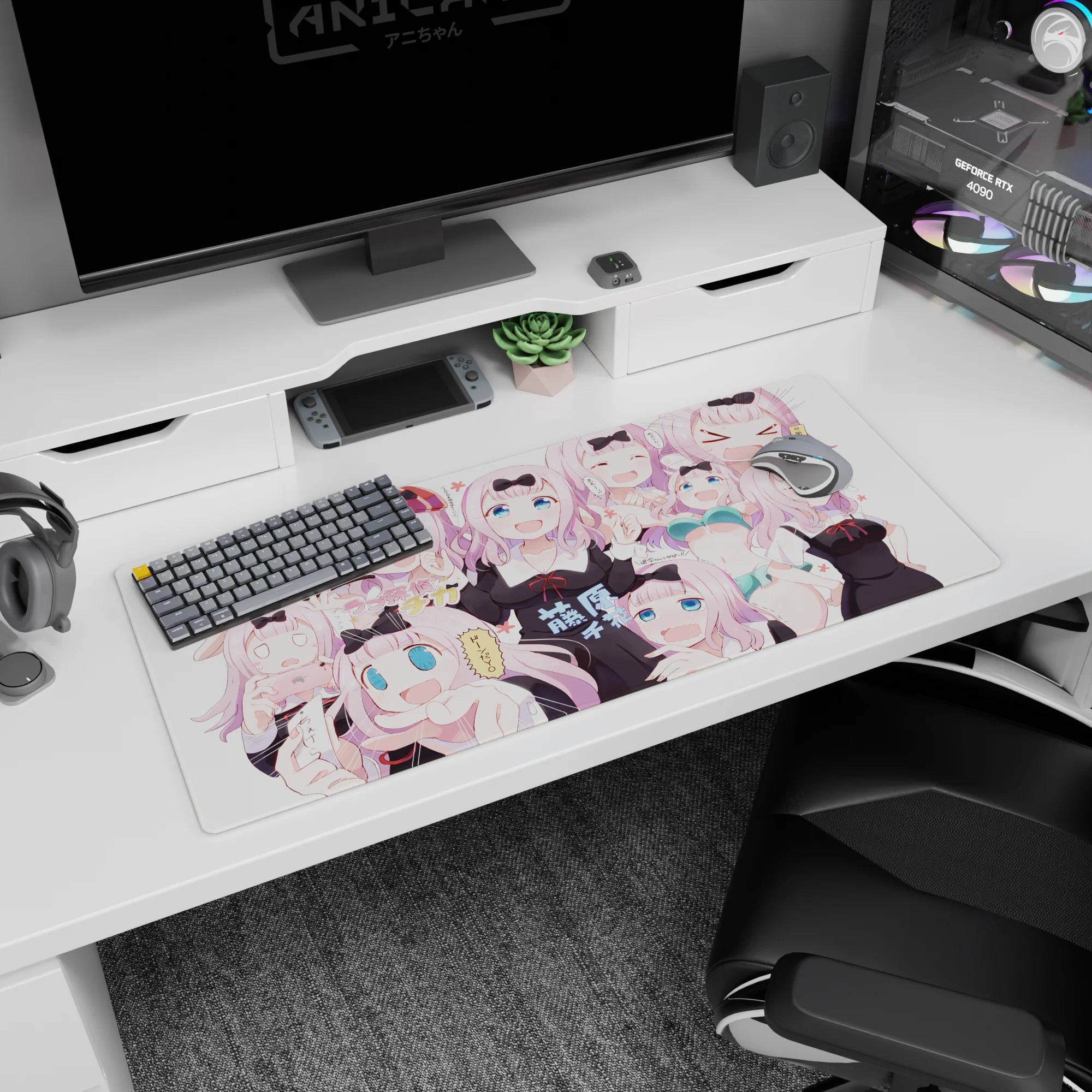 36x16 inches desk pad featuring Chika Fujiwara in silly faces, smug to shocked to snack-hunting collage.