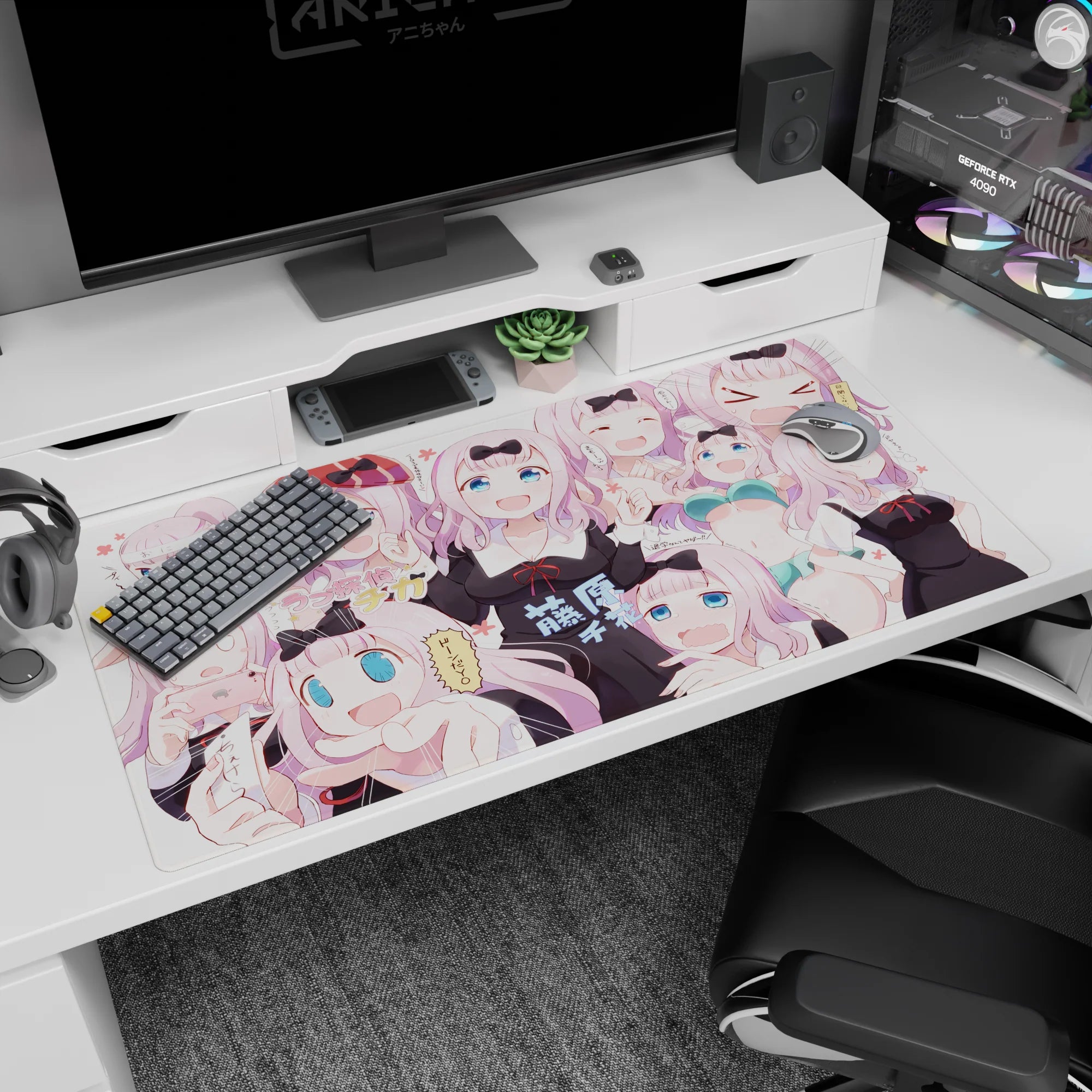40x20 inches Kaguya-sama Love Is War desk pad showing Chika Fujiwara smug, shocked, snack-hunting.