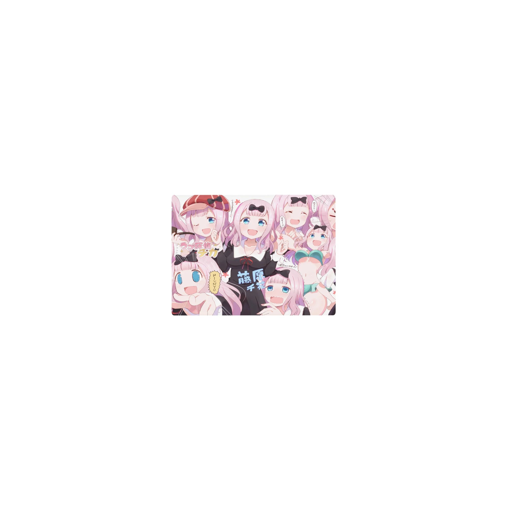 Classic anime girl mouse pad 14x10 inches with Chika collage, bows, and cute faces for desk use.